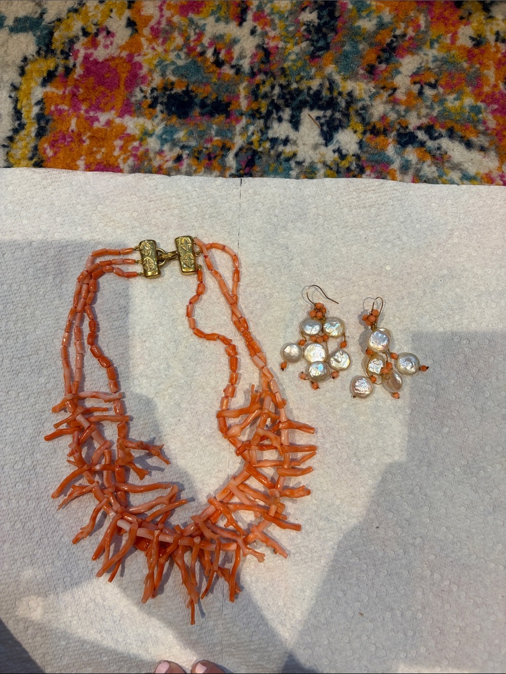 Jaded London Orange Coral Branch Necklace with Pearl Cluster Earrings